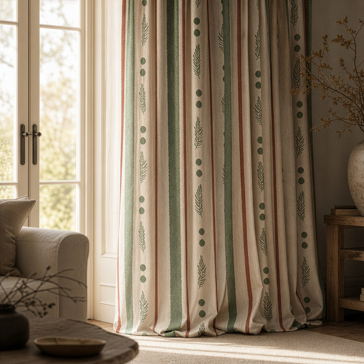 Green and rust painted stripe curtains in a living room