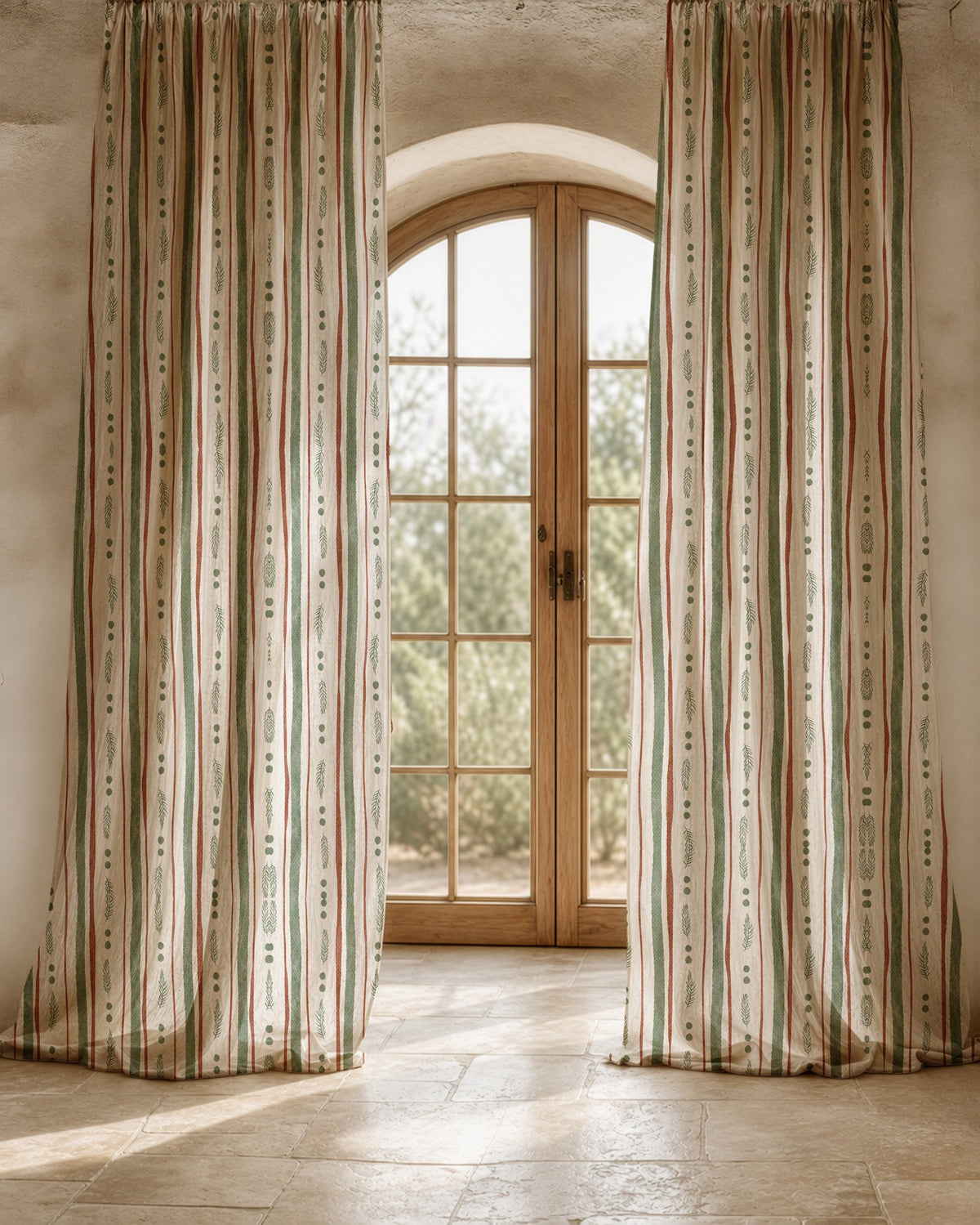 Two long green and rust painted stripe curtain panels