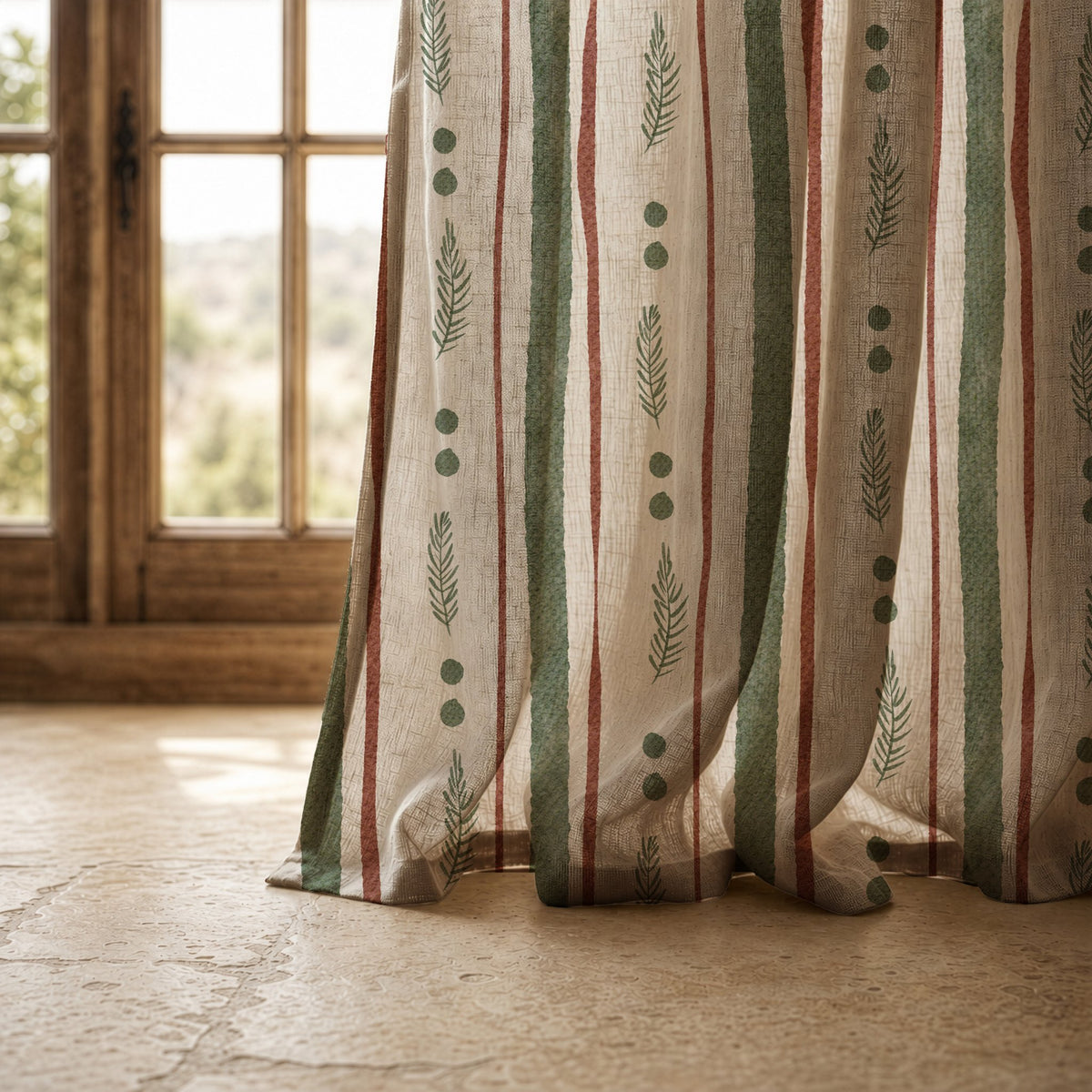 Hem of a green and rust painted stripe curtain resting on a stone floor