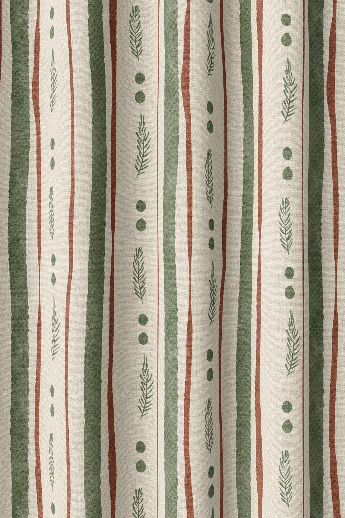 Flat view of the green and rust painted stripe print