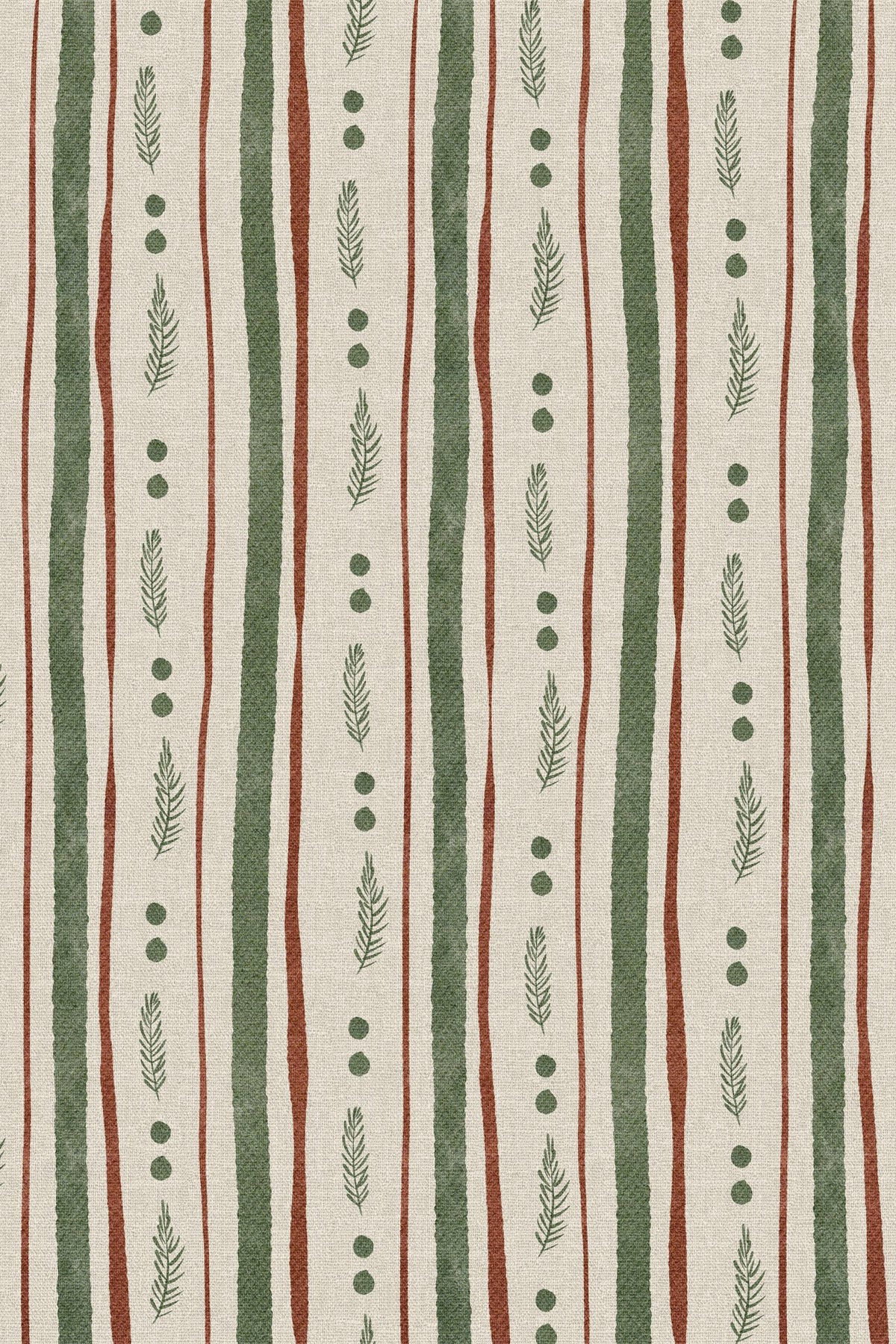 Close-up of the green and rust painted stripe pattern repeat