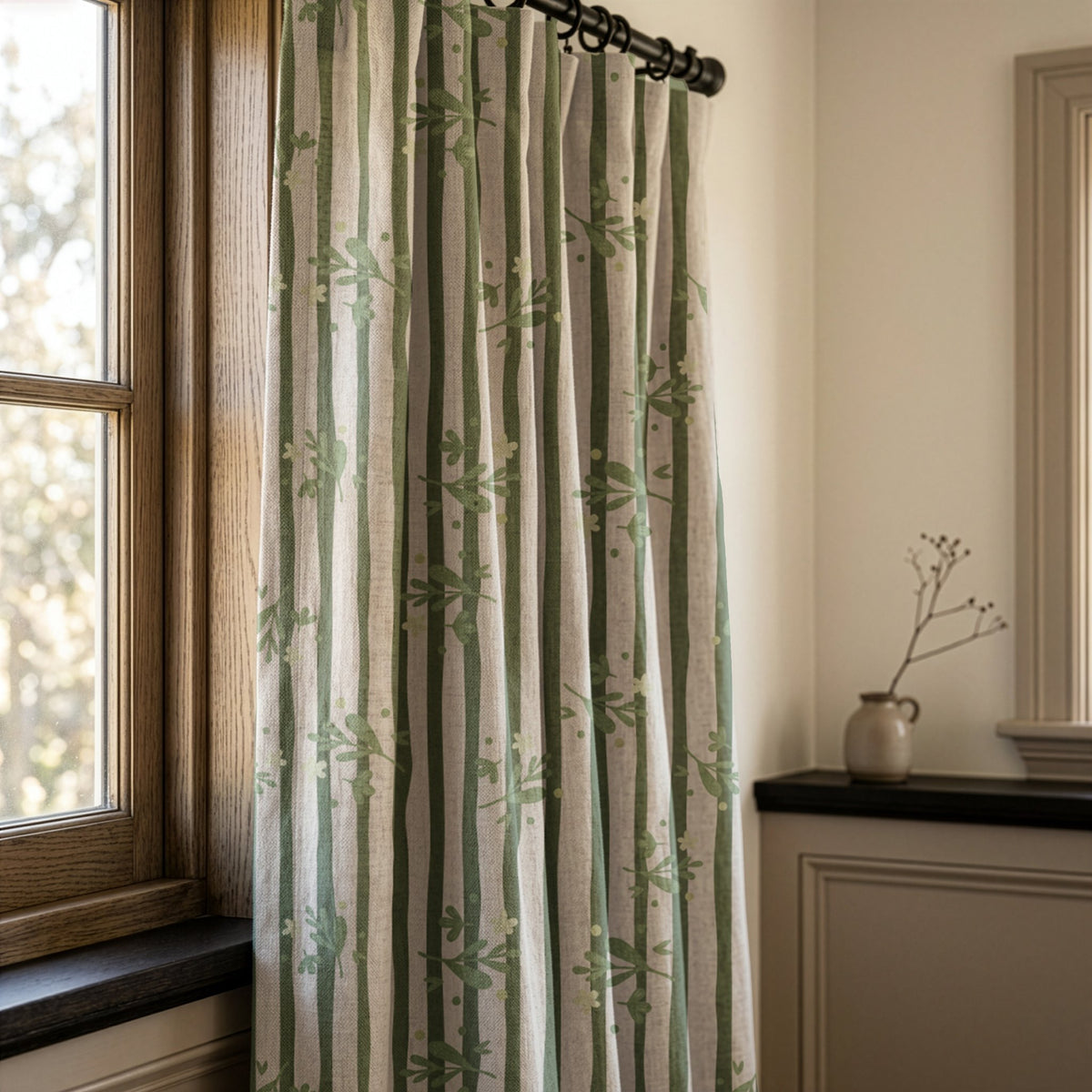 Green stripe botanical sprig curtains in a warm living room