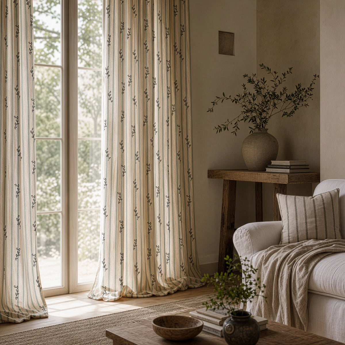 Green stripe botanical sprig curtains in a living room