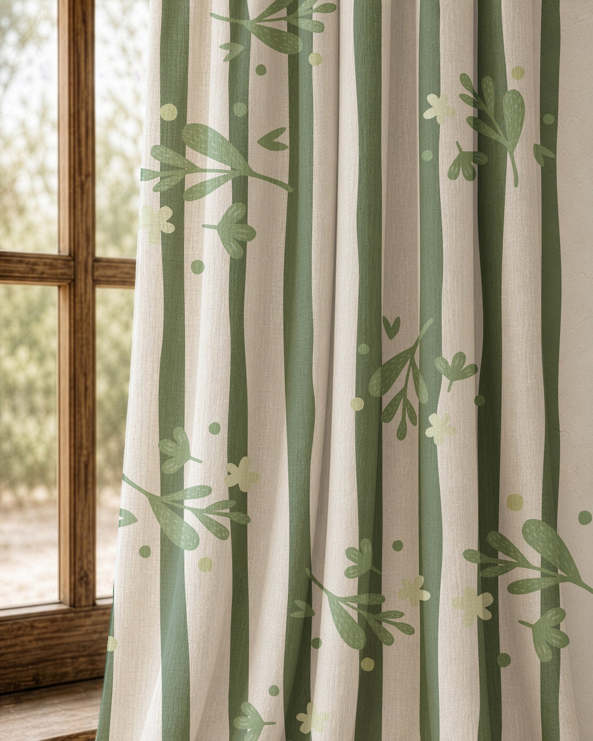 Pair of green stripe botanical sprig curtains at an arched window