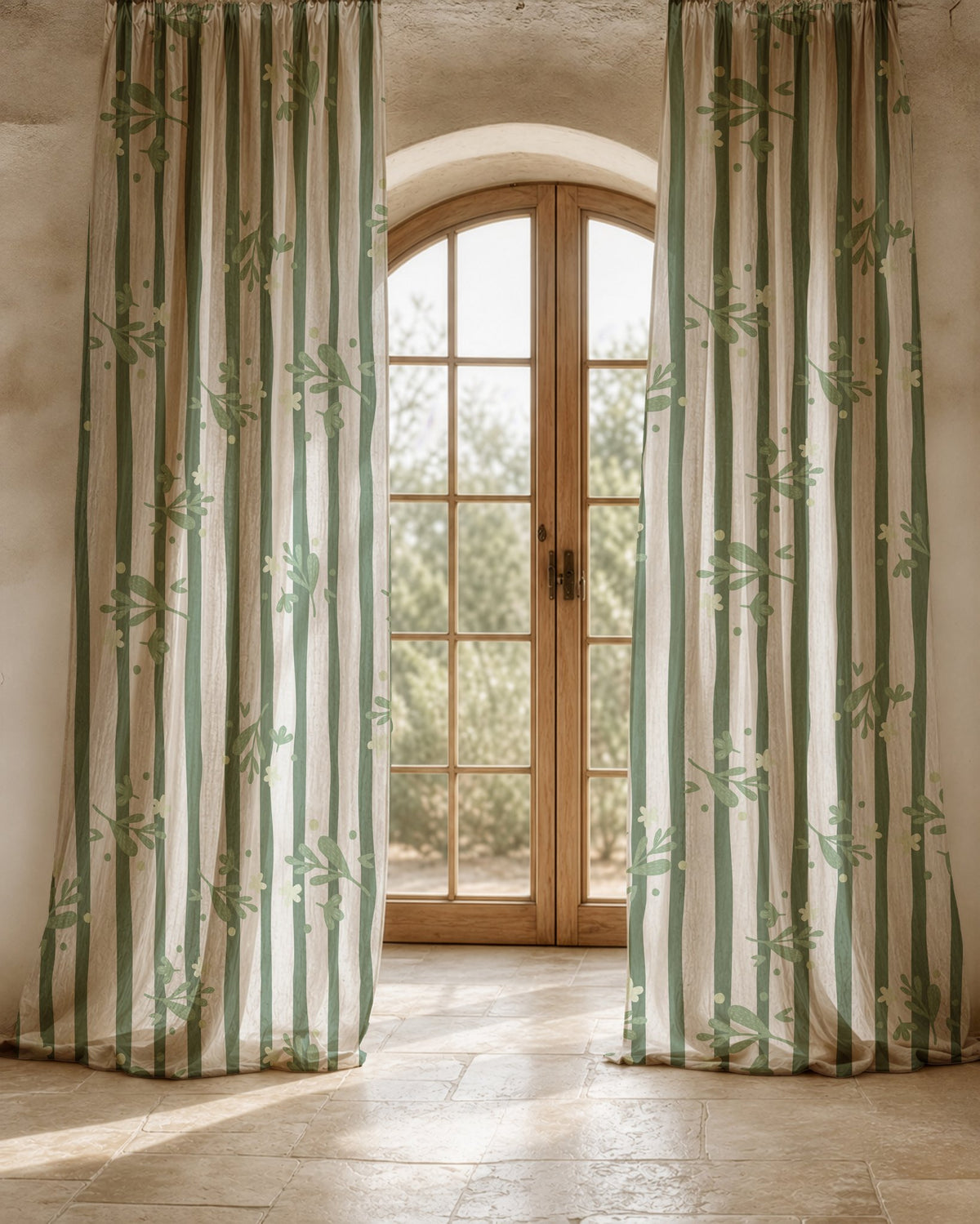 Two long green stripe botanical sprig curtain panels