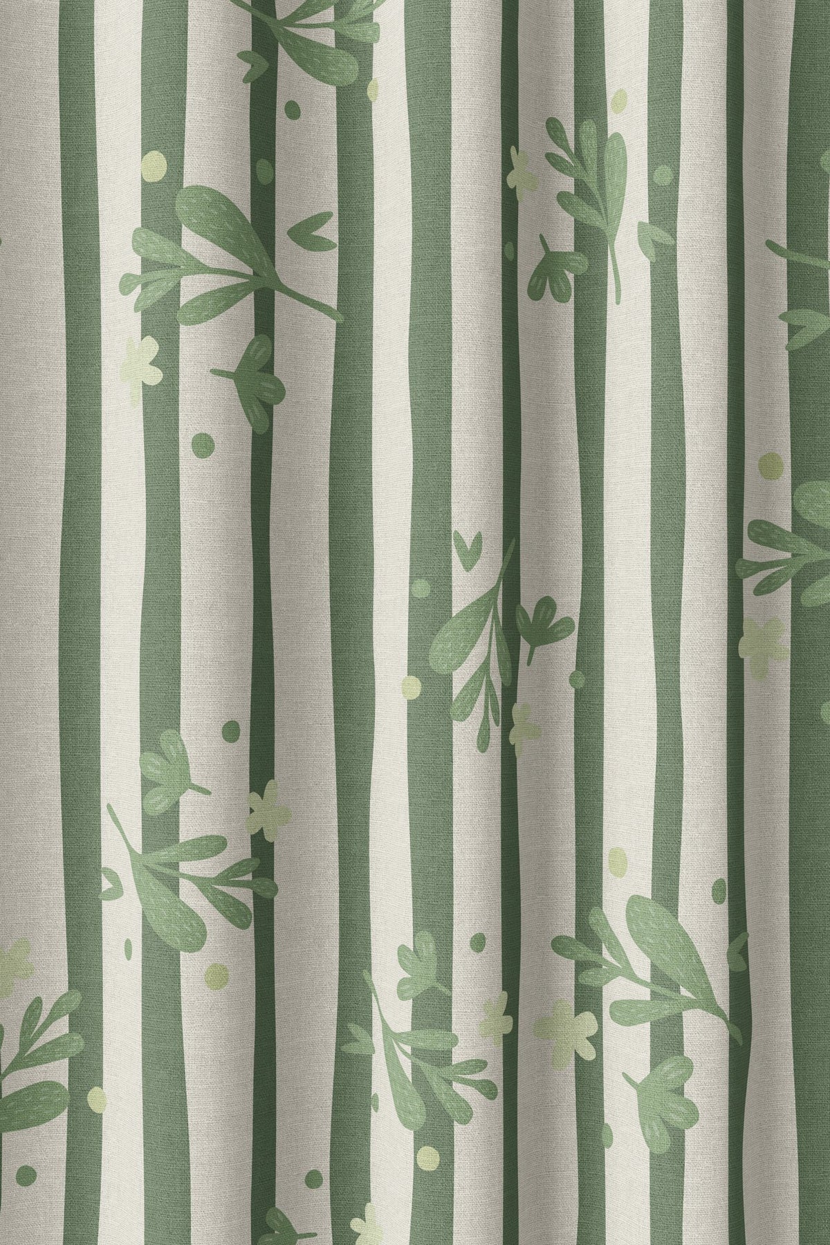 Flat view of the green stripe botanical sprig print
