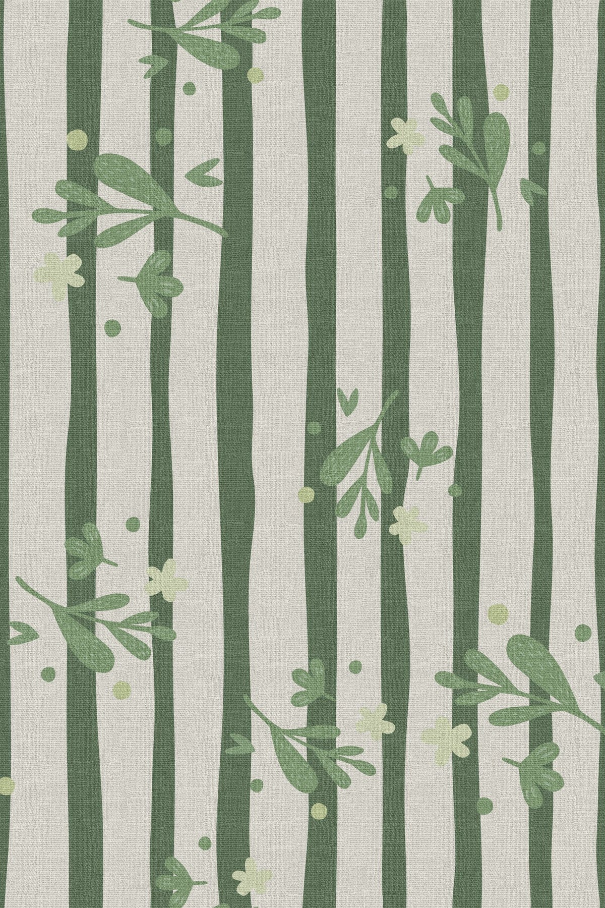 Close-up of the green stripe botanical sprig pattern repeat