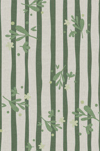 Close-up of the green stripe botanical sprig pattern repeat