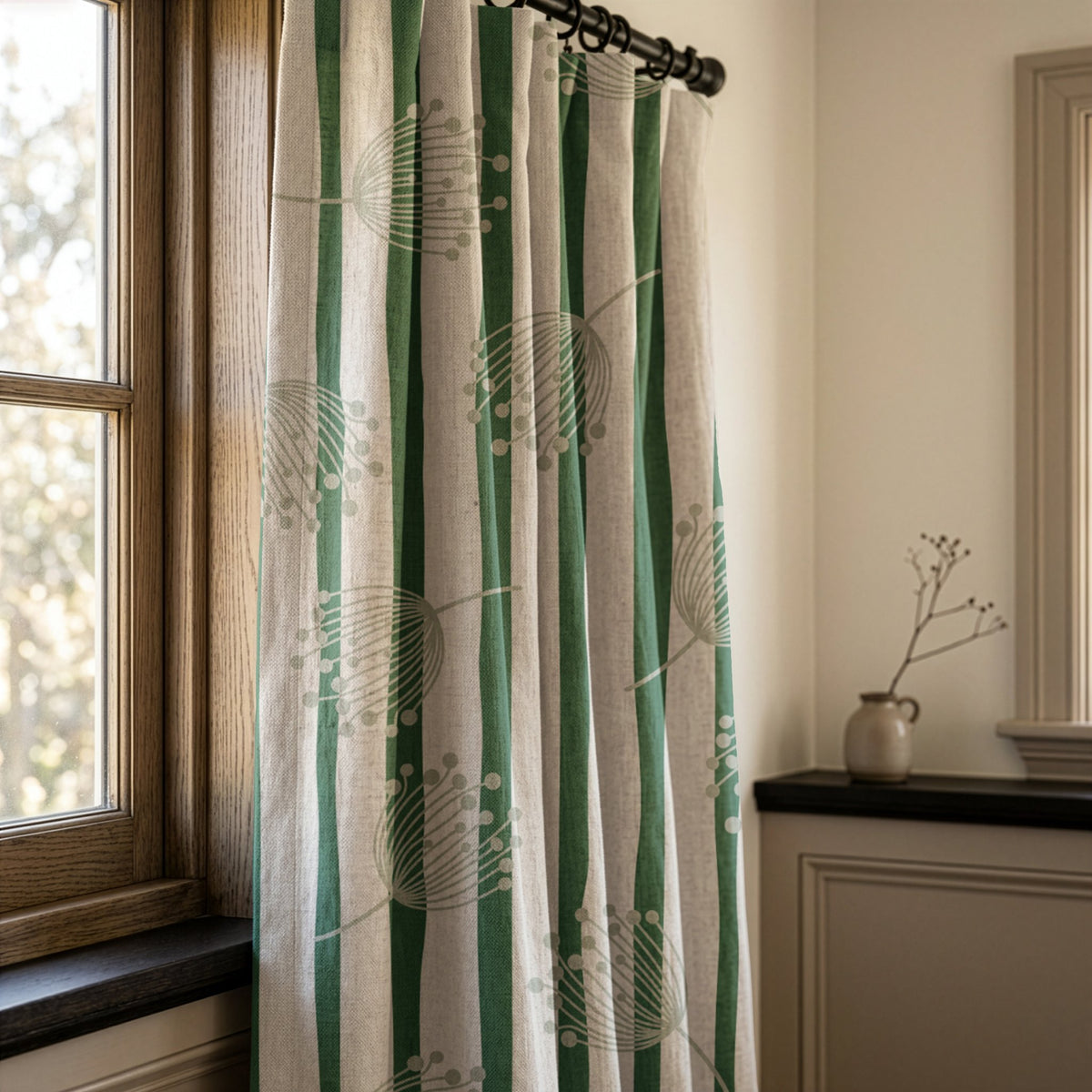 Green stripe dandelion curtains in a warm living room