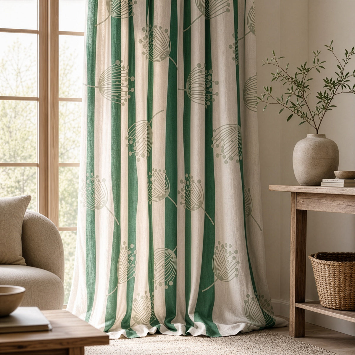 Green stripe dandelion curtains in a living room