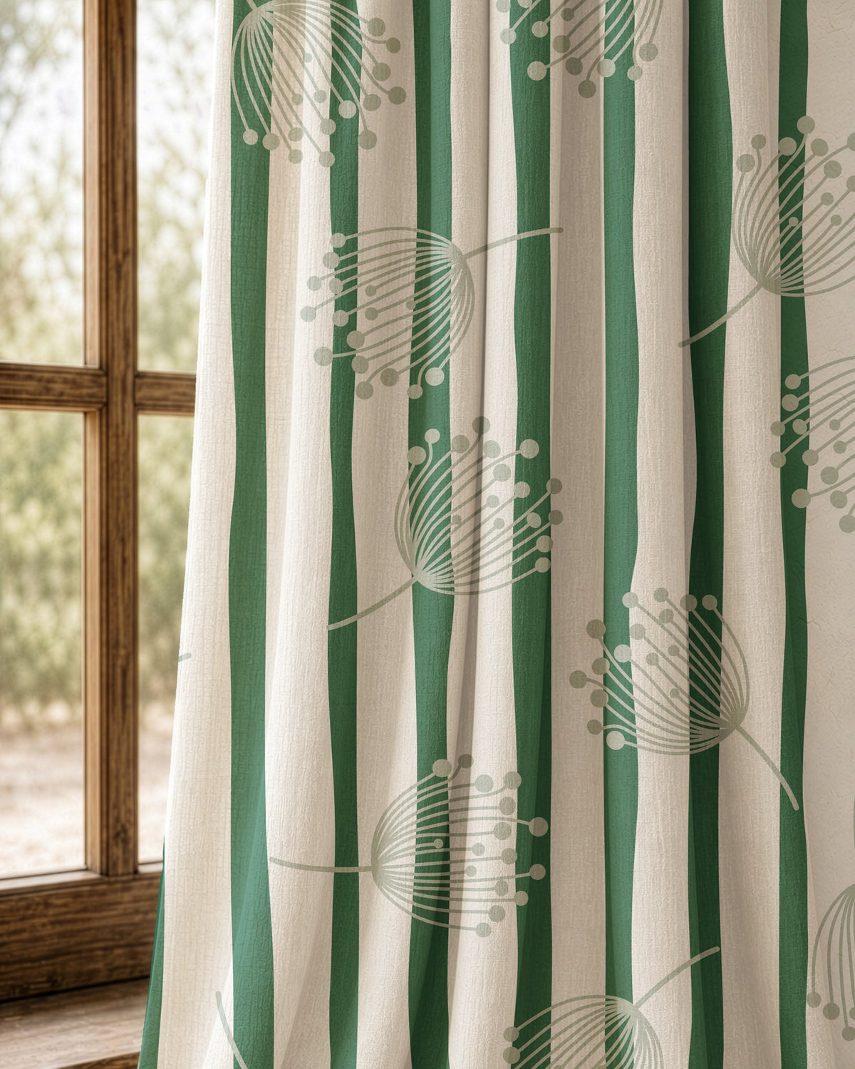 Pair of green stripe dandelion curtains at an arched window