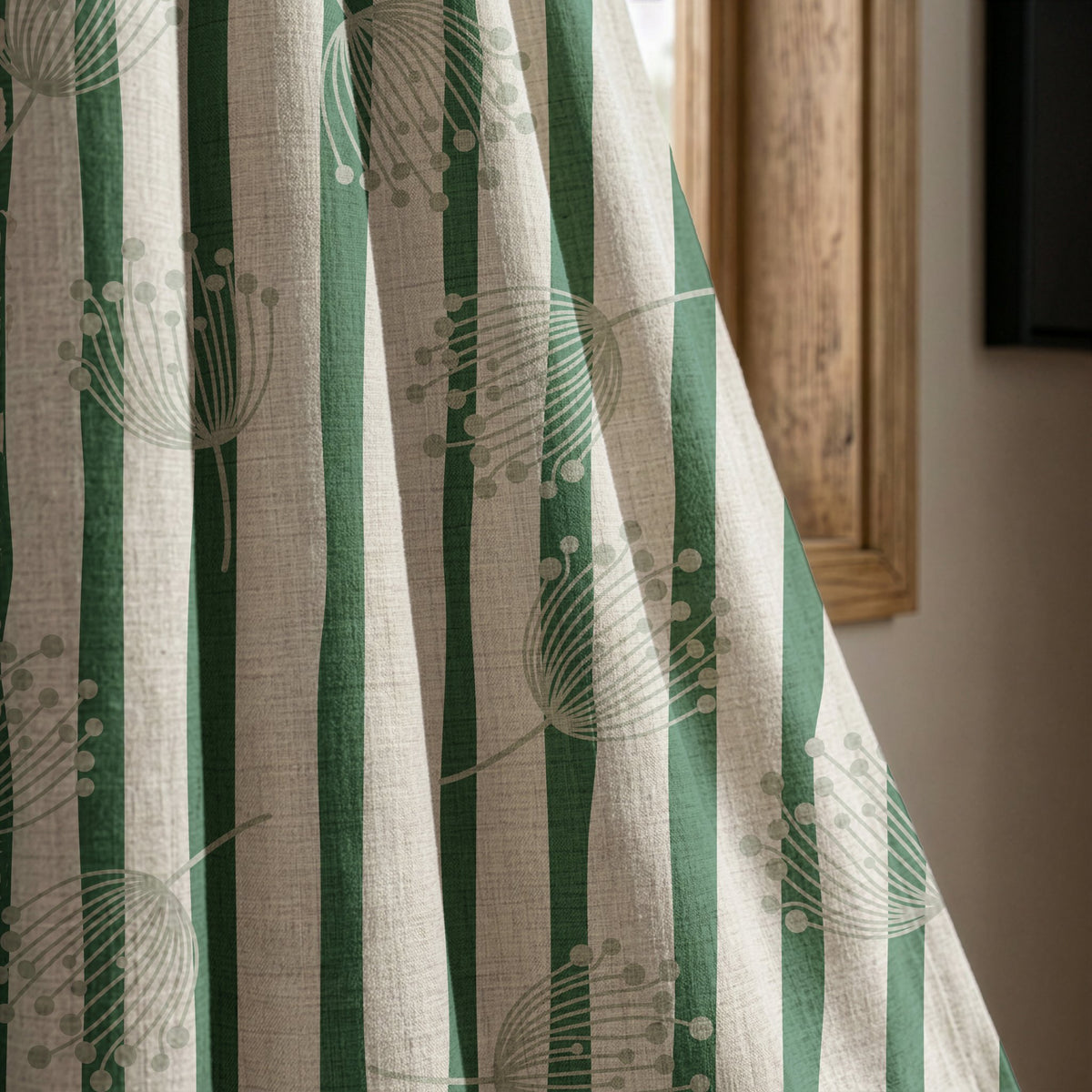 Green stripe dandelion curtain panel beside a rustic wooden window