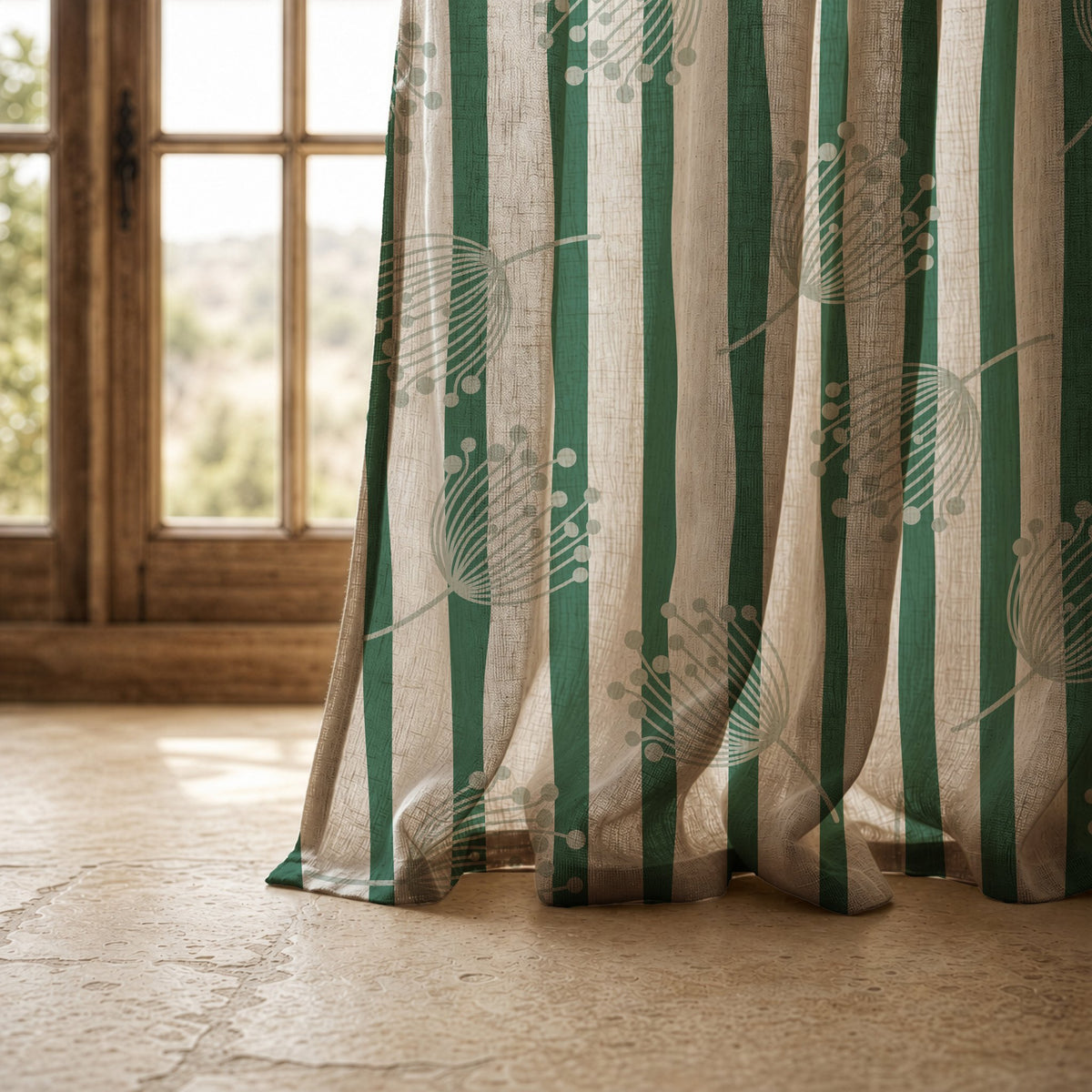Hem of a green stripe dandelion curtain resting on a stone floor