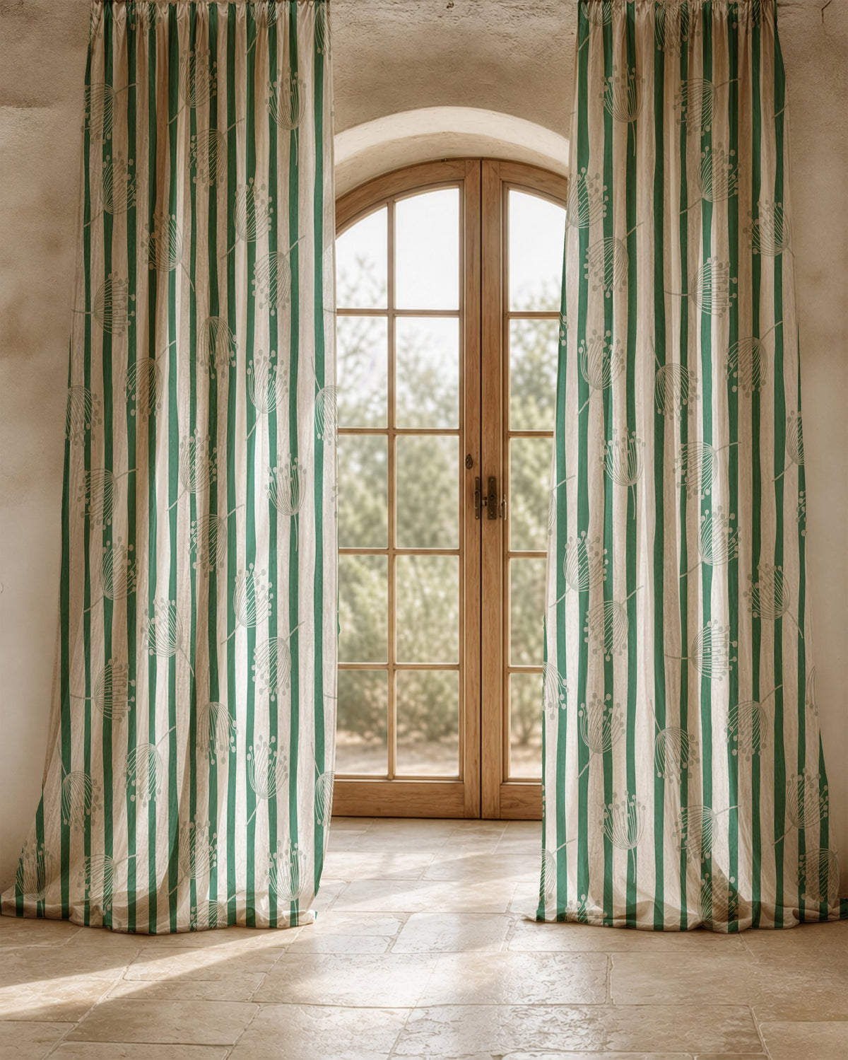 Close-up of the green stripe dandelion print