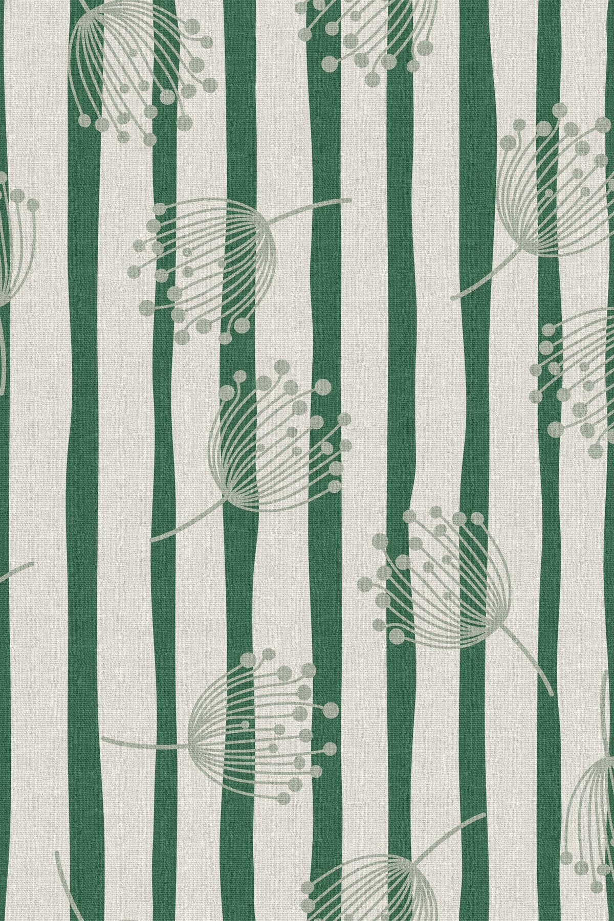 Close-up of the green stripe dandelion pattern repeat