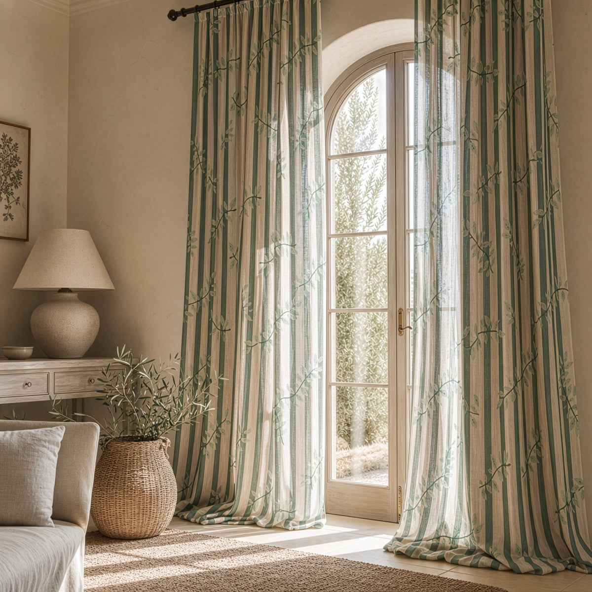 Green stripe leaf vine curtains in a living room