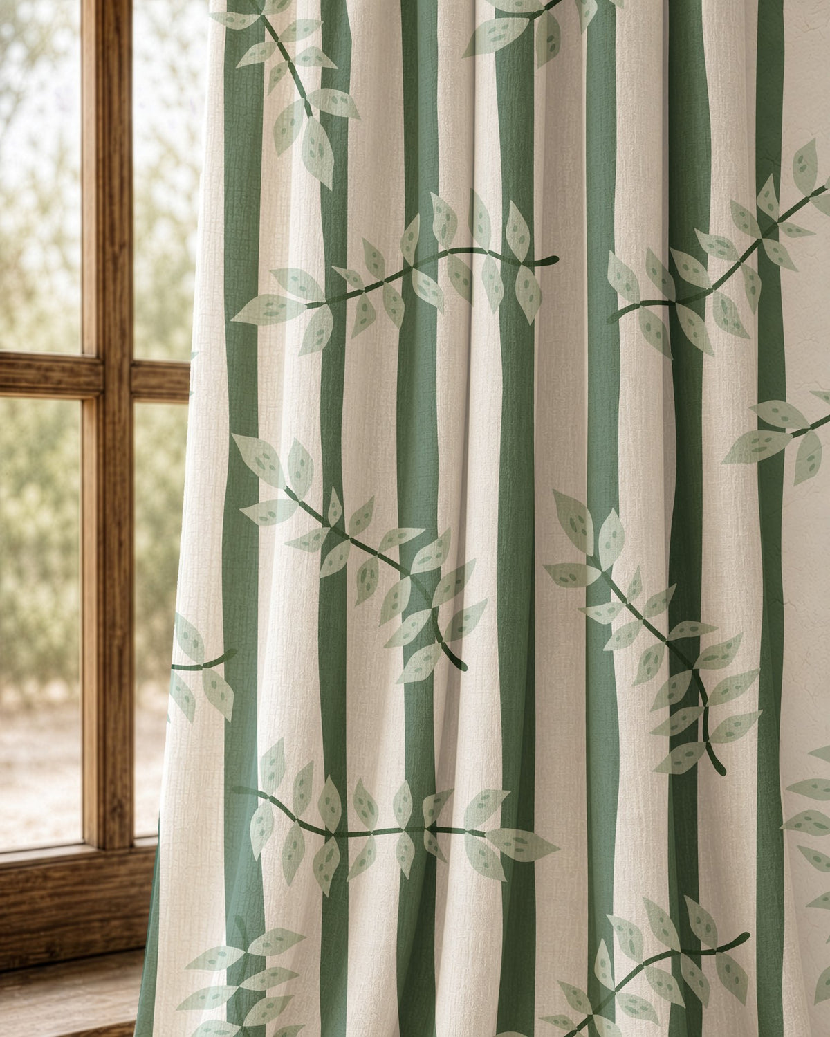 Pair of green stripe leaf vine curtains at an arched window