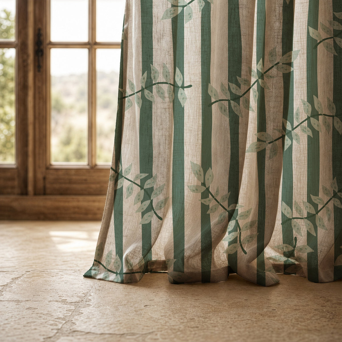 Hem of a green stripe leaf vine curtain resting on a stone floor