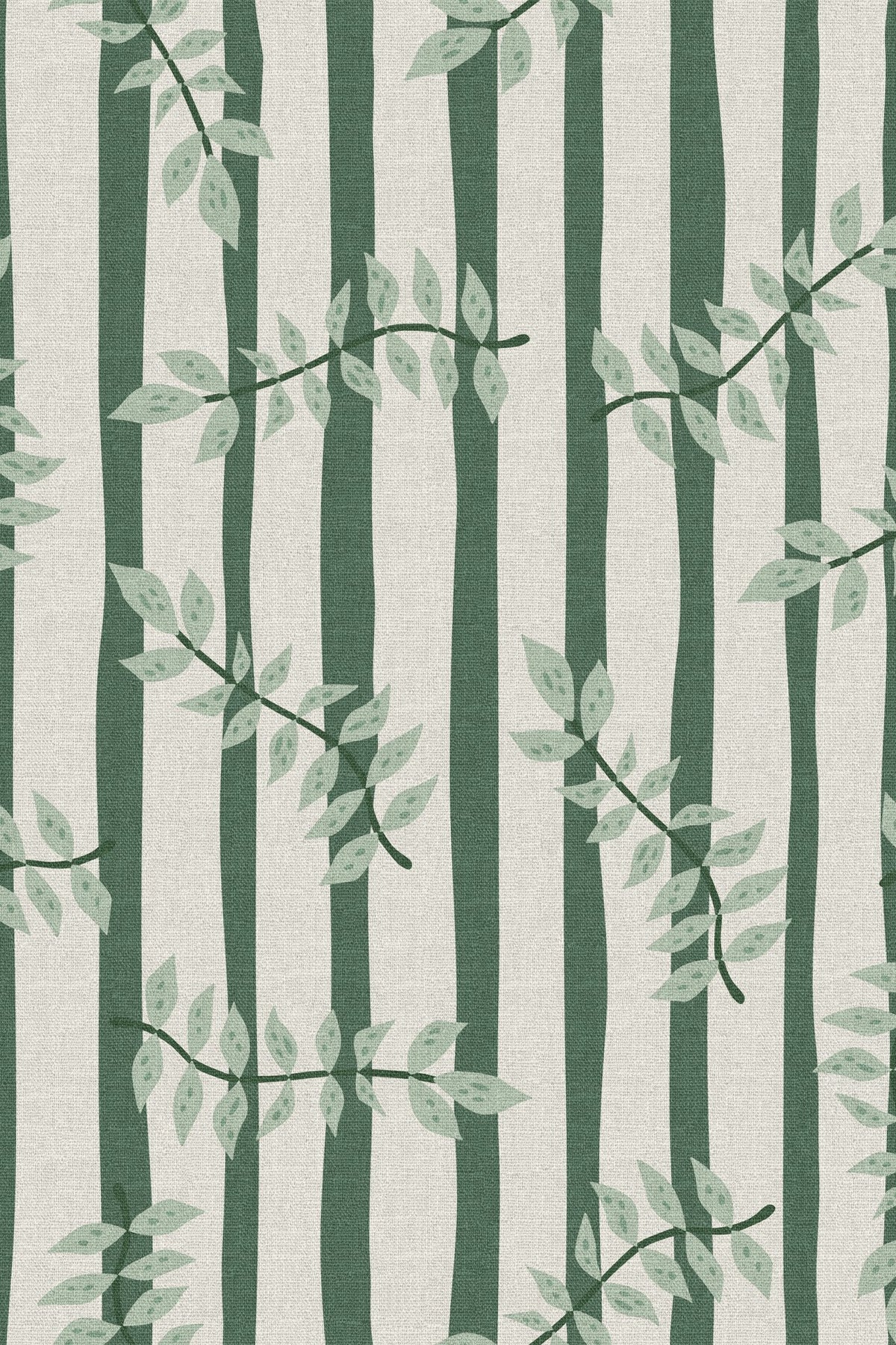 Close-up of the green stripe leaf vine pattern repeat