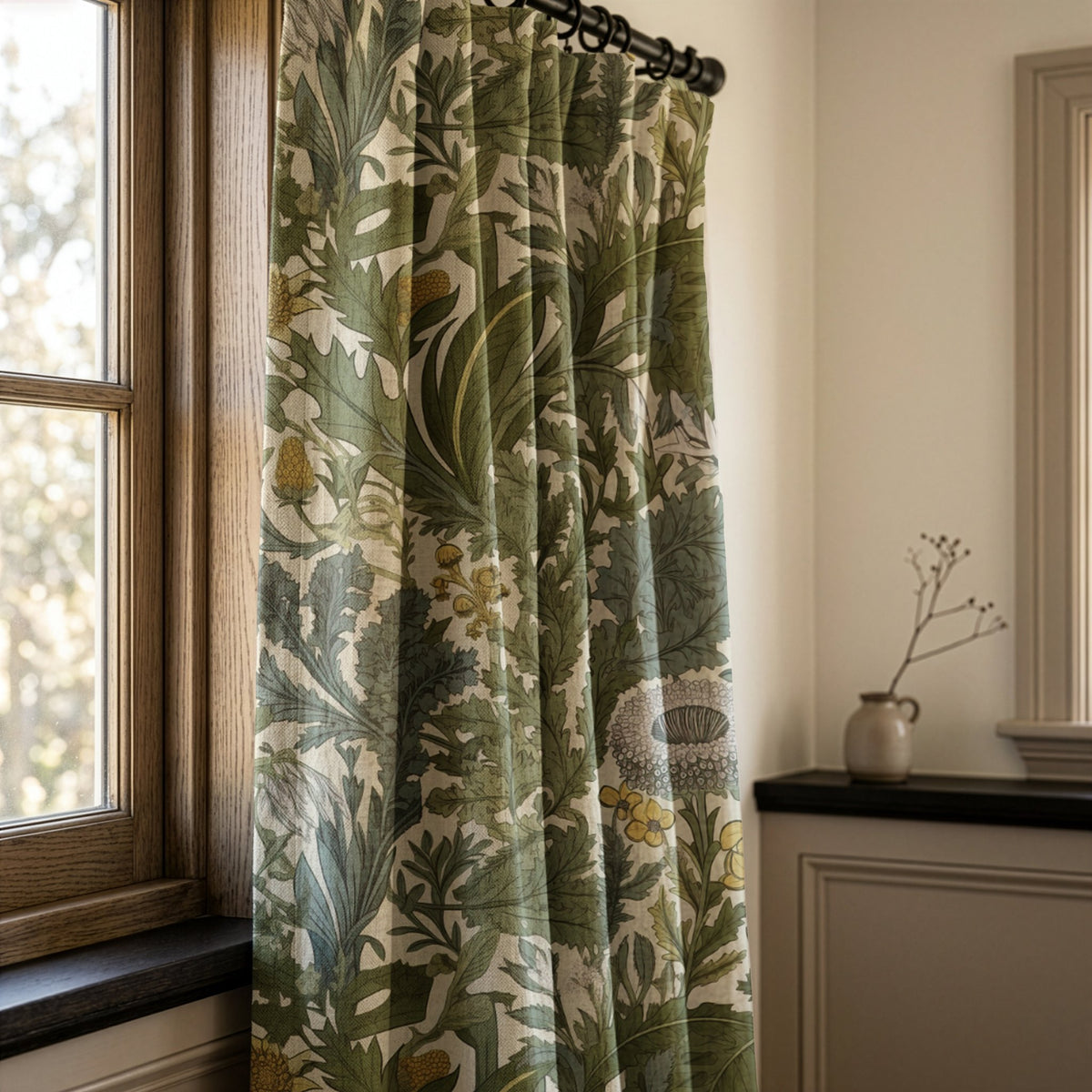 Green thistle botanical curtains in a warm living room