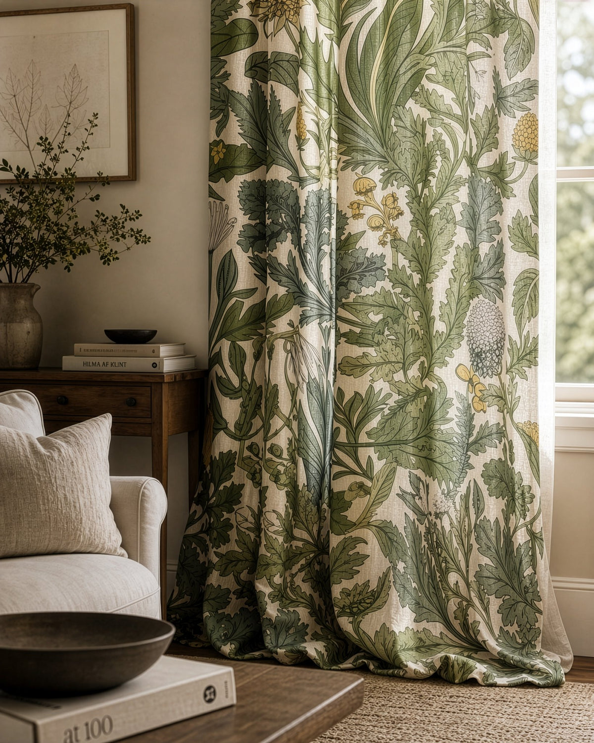 Green thistle botanical curtains in a living room
