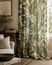 Green thistle botanical curtains in a living room