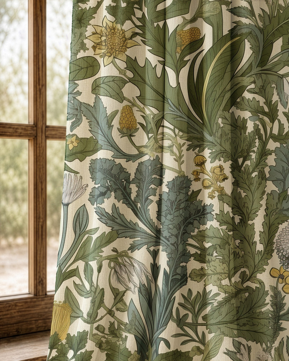 Pair of green thistle botanical curtains at an arched window
