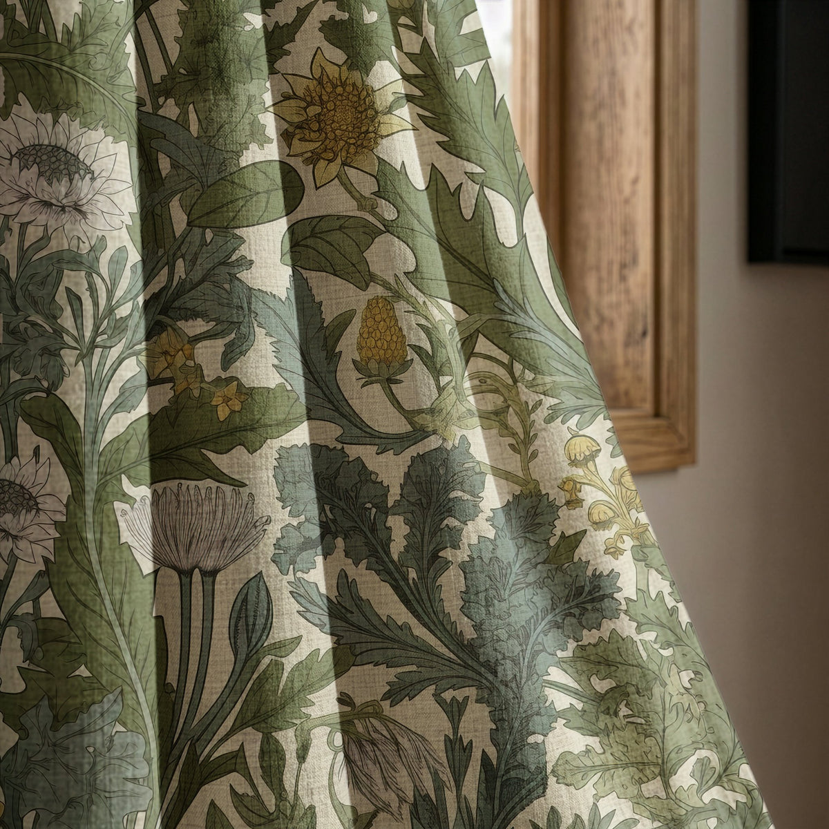 Green thistle botanical curtain panel beside a rustic wooden window