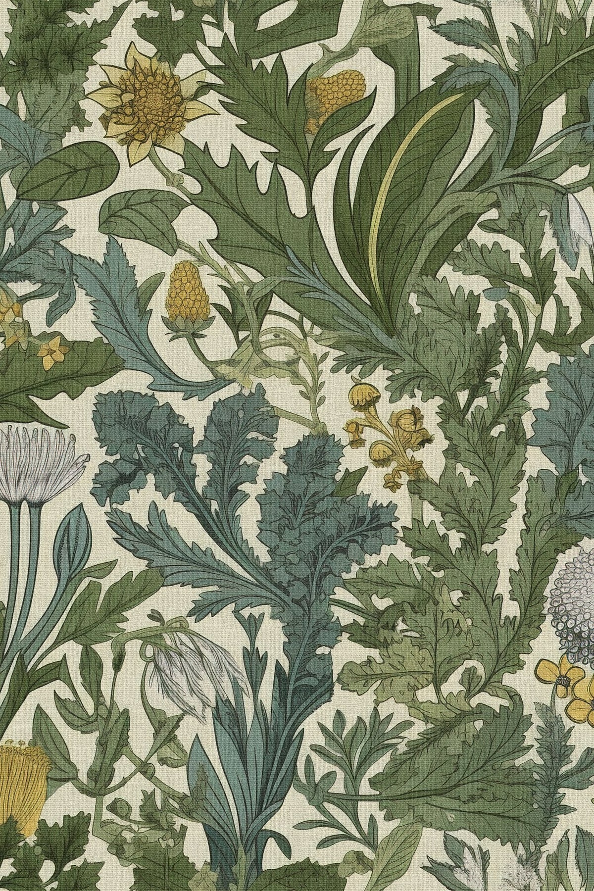 Close-up of the green thistle botanical pattern repeat
