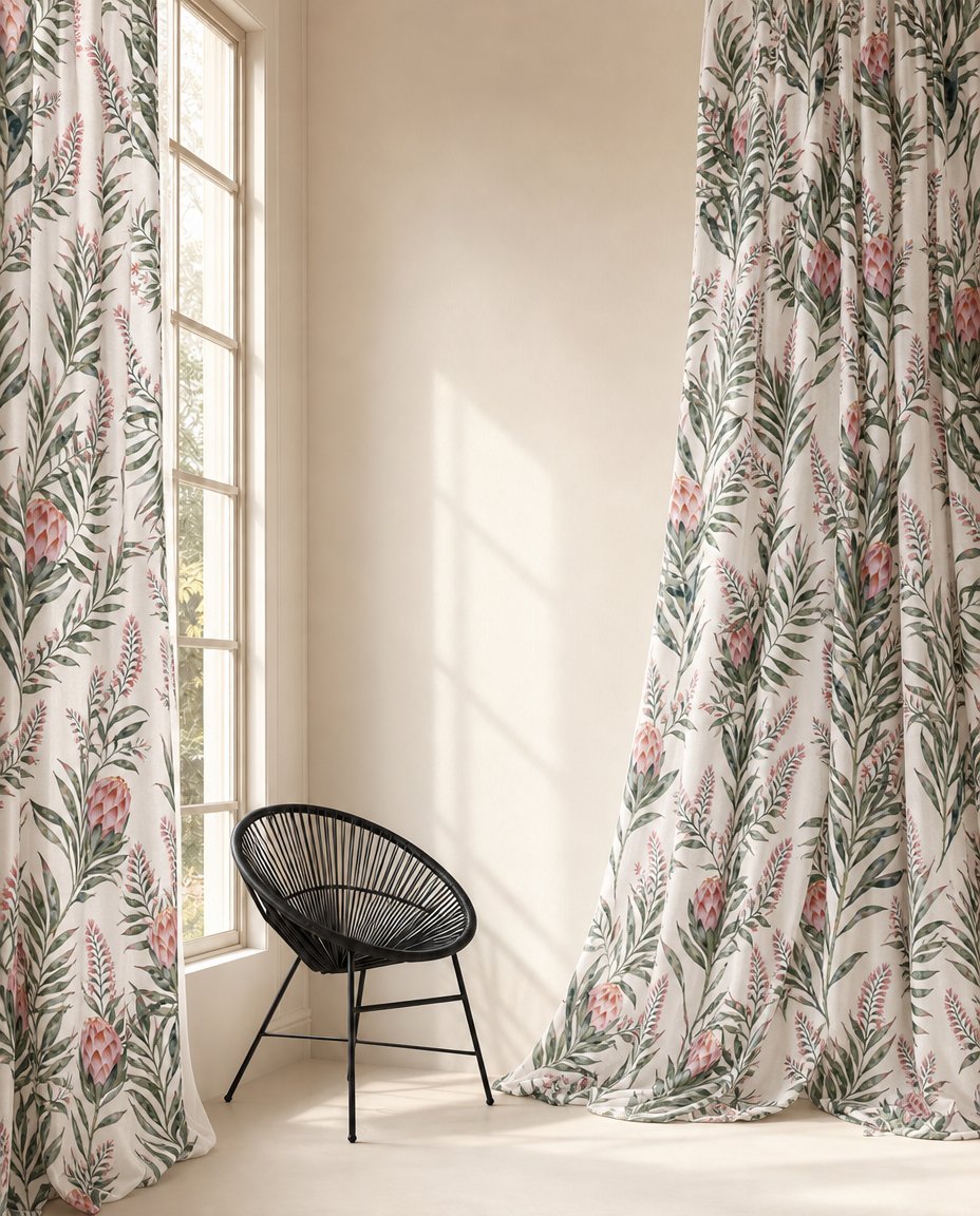 Pair of green willow chinoiserie floral curtains in a living room