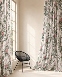 Pair of green willow chinoiserie floral curtains in a living room