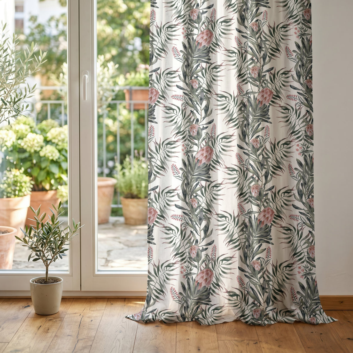 Green willow chinoiserie floral curtain at glass patio doors
