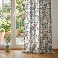 Green willow chinoiserie floral curtain at glass patio doors