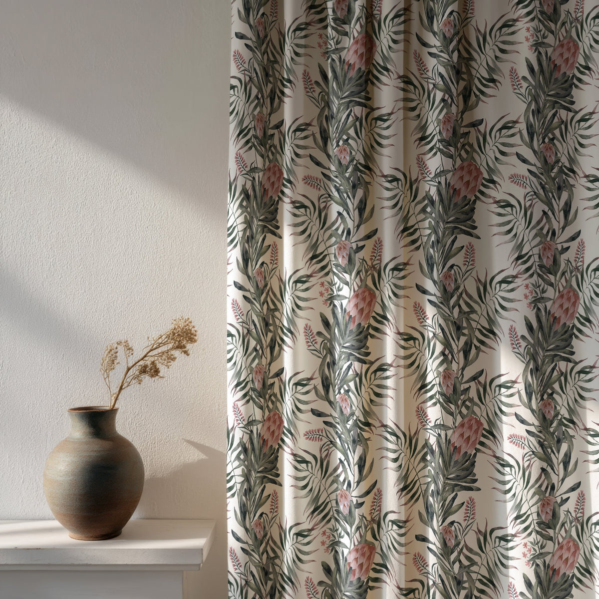 Soft daylight through a green willow chinoiserie floral curtain