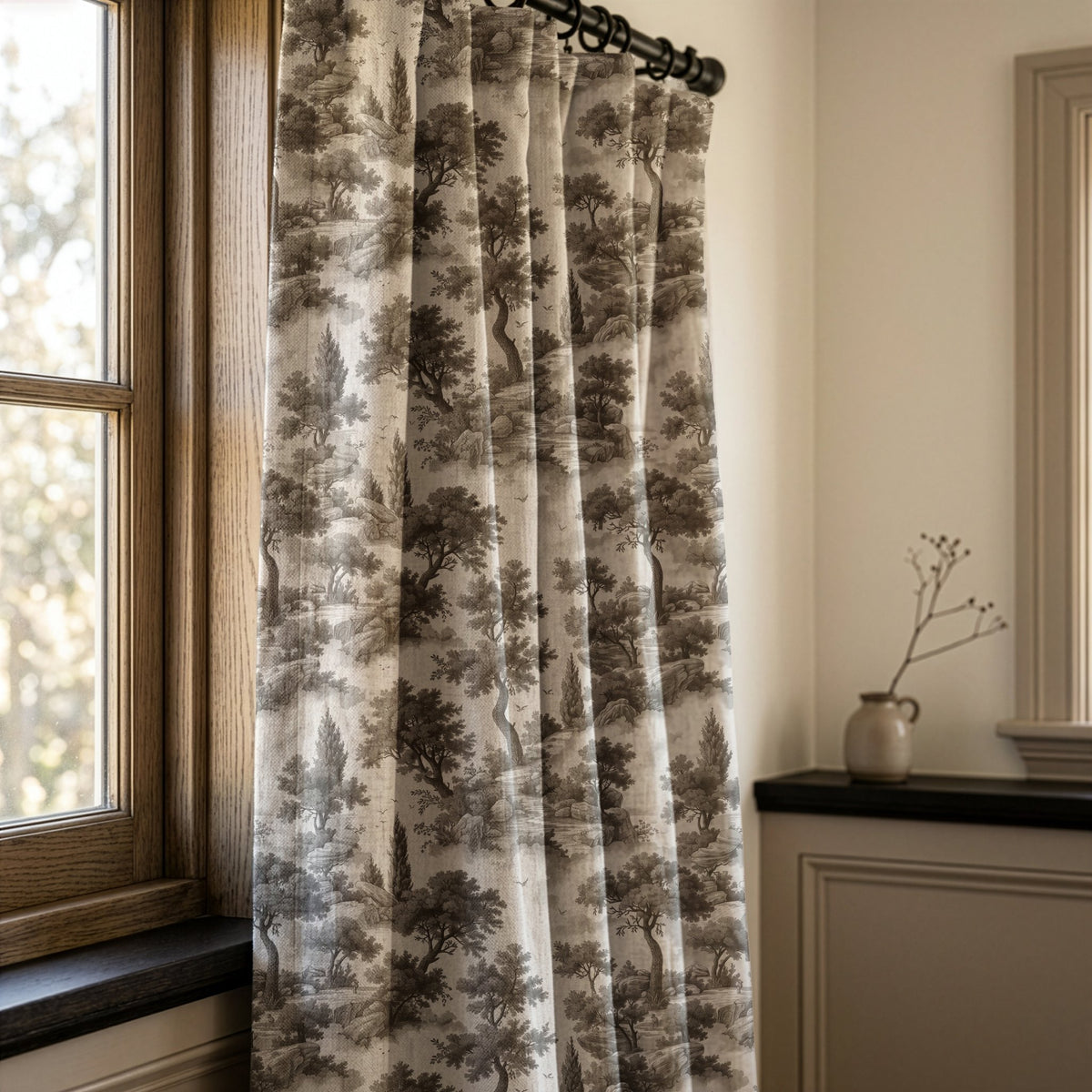 Grey landscape toile curtains in a warm living room