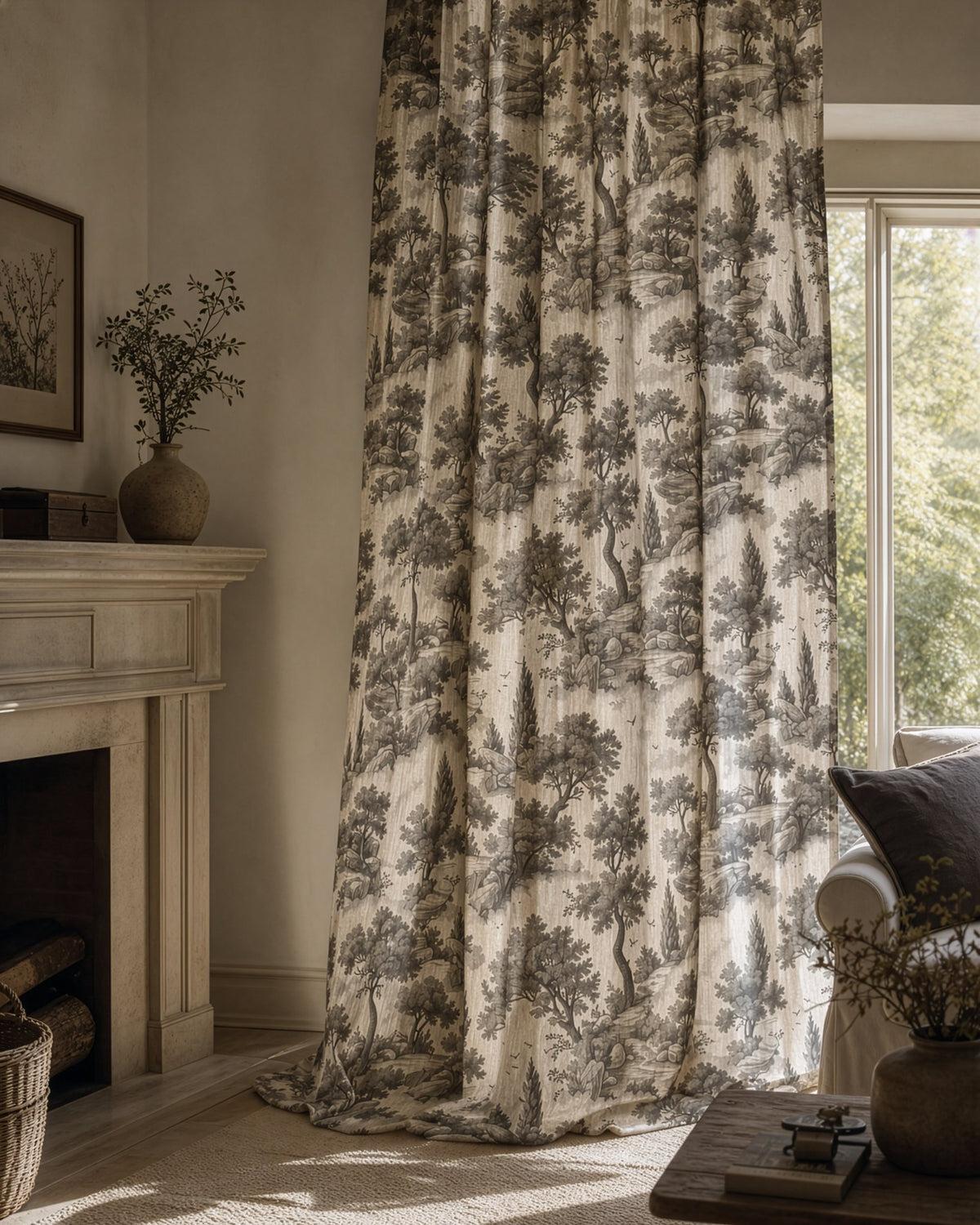 Grey landscape toile curtains in a living room