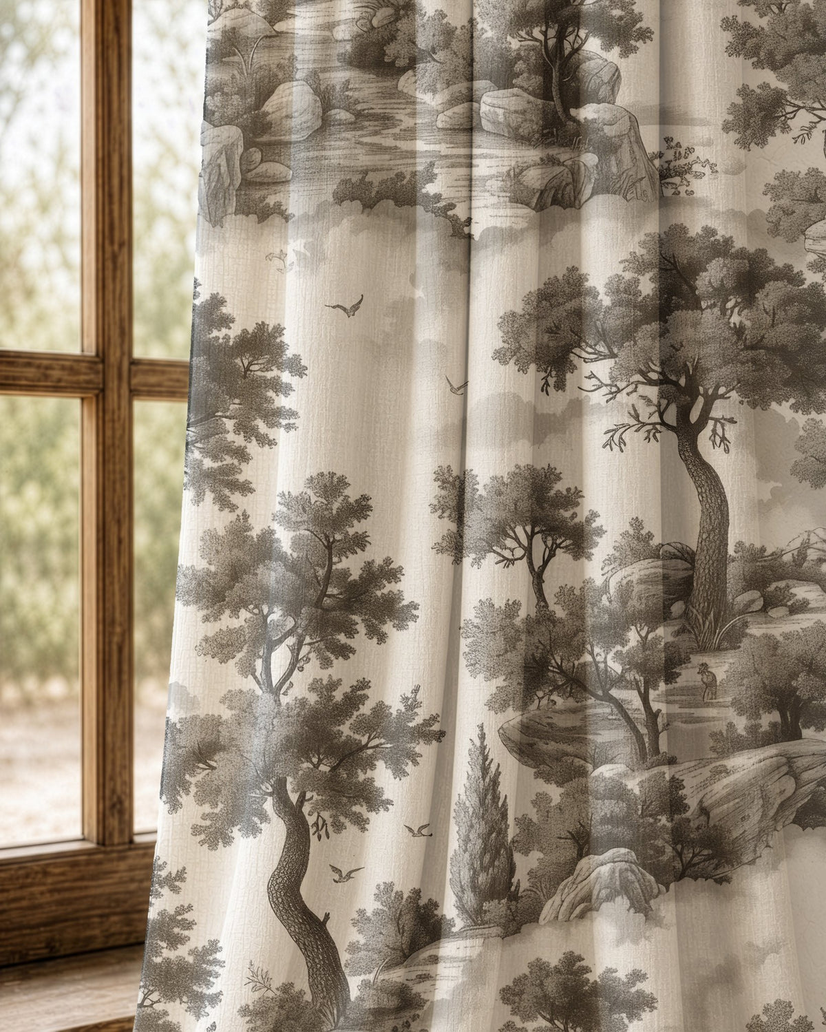Pair of grey landscape toile curtains at an arched window