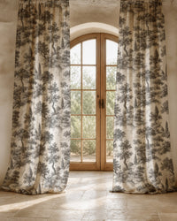Two long grey landscape toile curtain panels