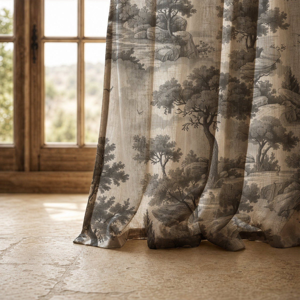 Hem of a grey landscape toile curtain resting on a stone floor