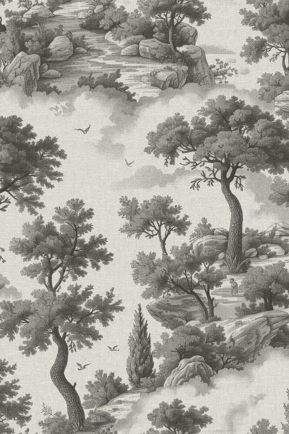Close-up of the grey landscape toile pattern repeat