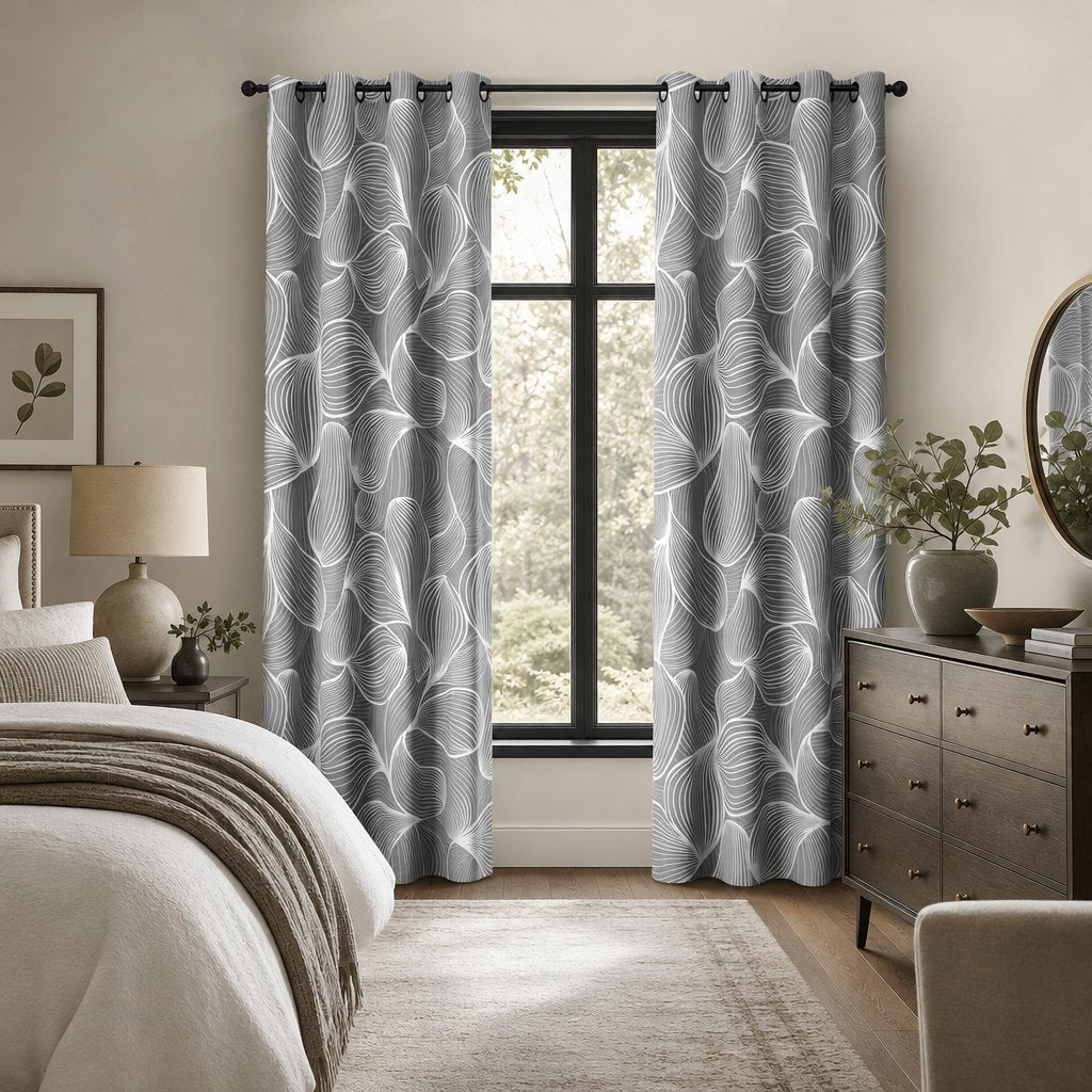 Grey line art leaf curtains in a bedroom