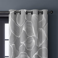 Close-up of grey line art leaf curtain grommets on a black rod