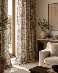 Grey line art lily curtains in a living room