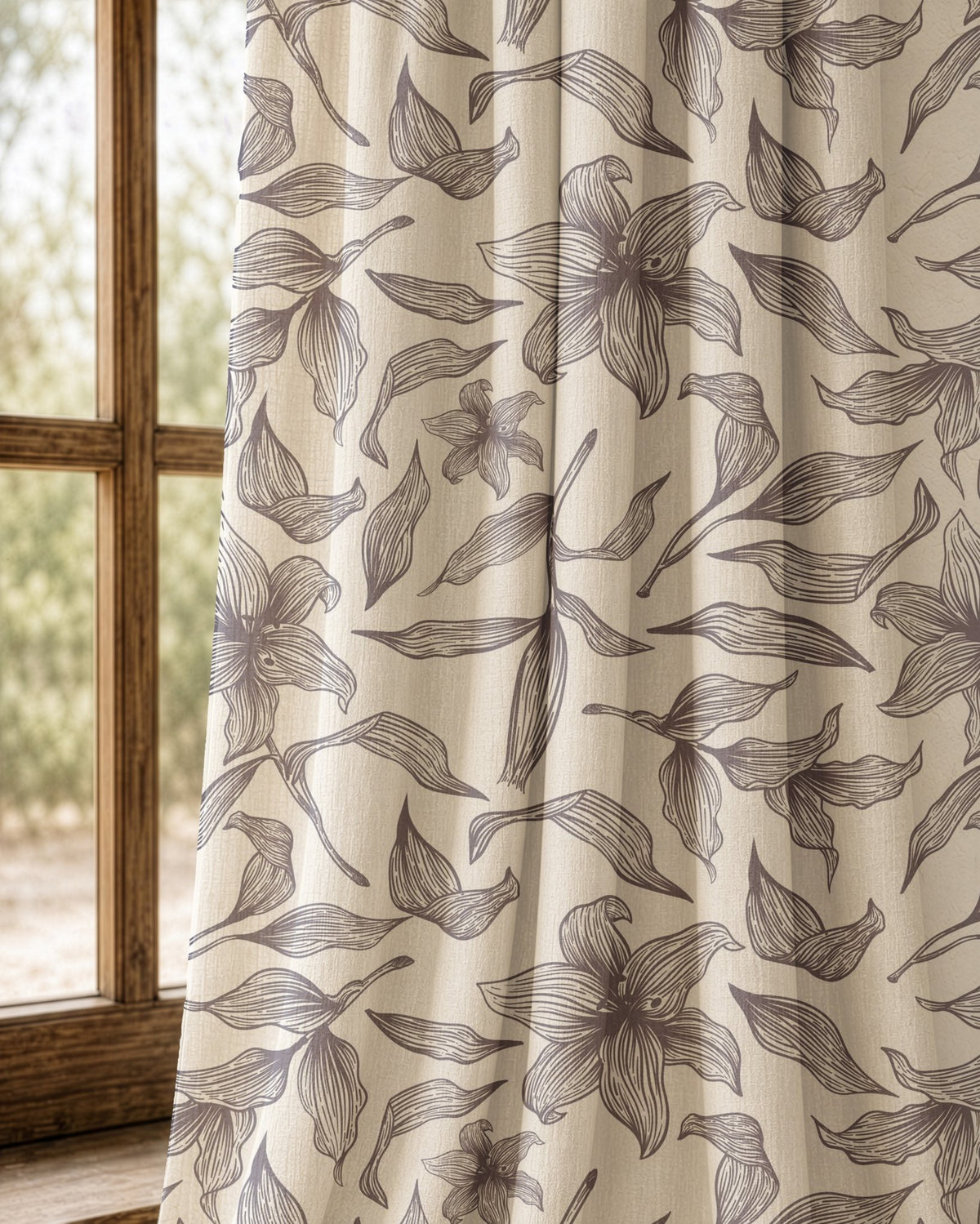 Pair of grey line art lily curtains at an arched window