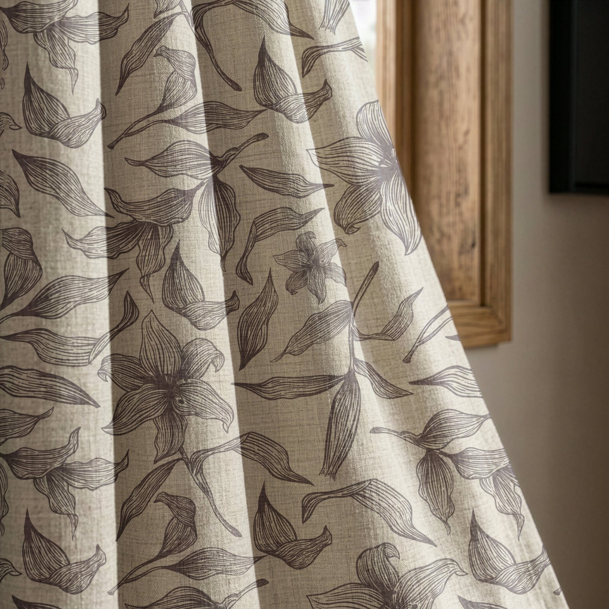 Grey line art lily curtain panel beside a rustic wooden window