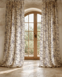 Two long grey line art lily curtain panels