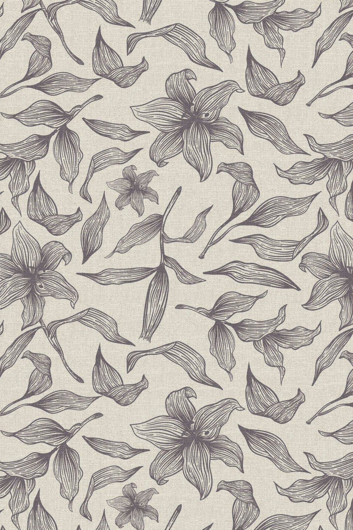 Close-up of the grey line art lily pattern repeat
