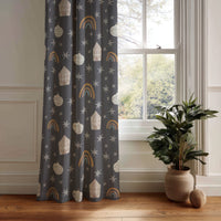 Grey night sky star kids curtain panel hanging by a white window