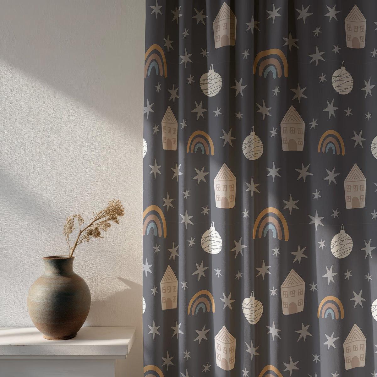 Soft daylight through a grey night sky star kids curtain