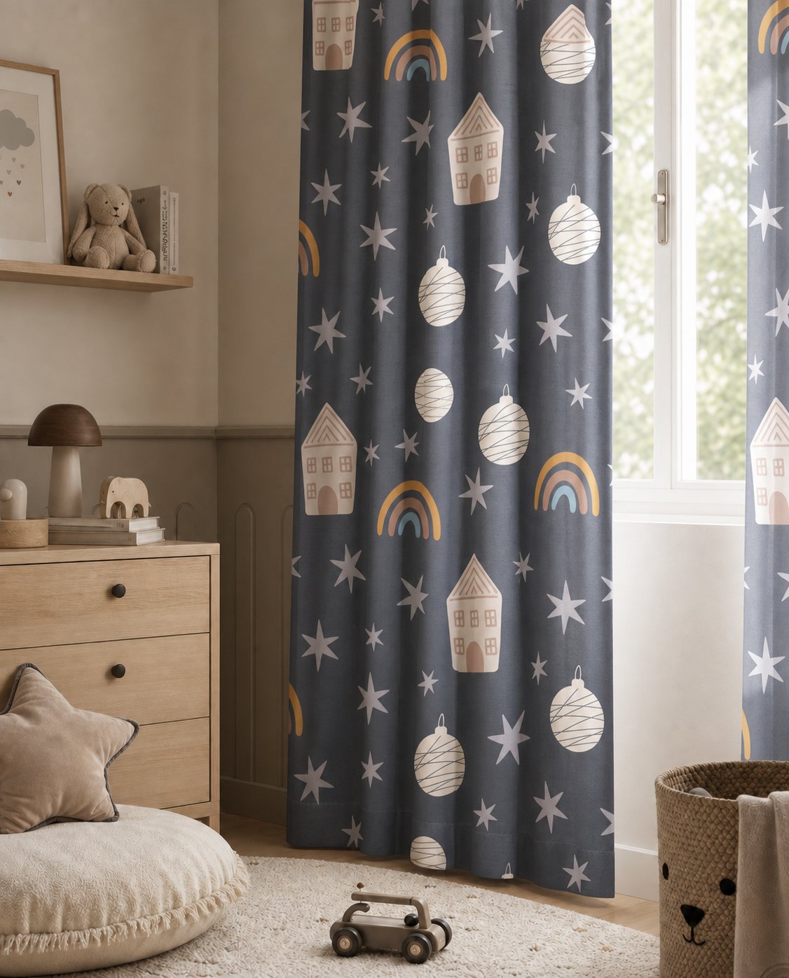 Grey night sky star kids curtains in a child's bedroom